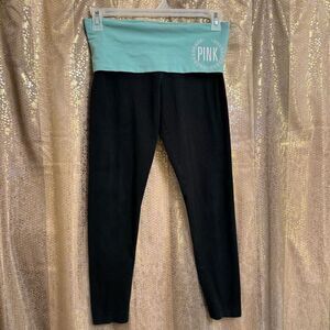 PINK Victorias Secret Y2K Black Aqua Foldover Yoga Pants Medium